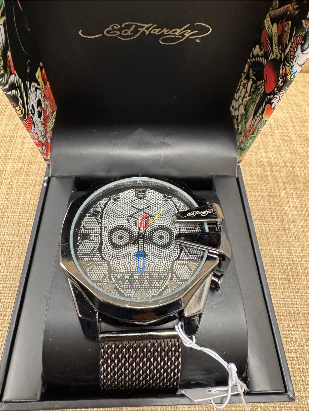 Ed Hardy Men’s Quartz Skull Dial Watch Black Mesh Band 46mm 30m Box……Retails $95